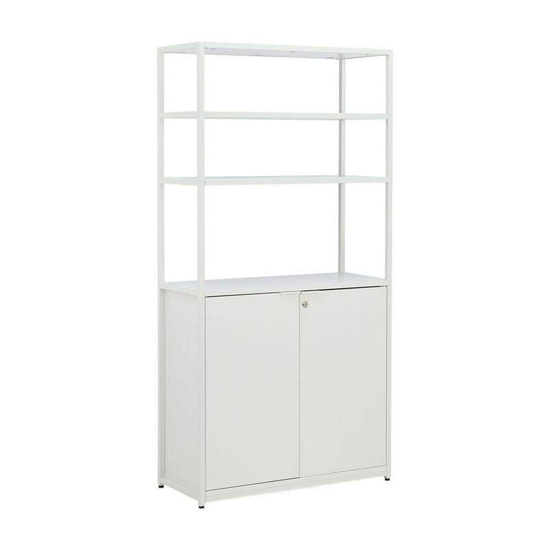 White display cabinet with open shelves and two lower cupboard doors, closed