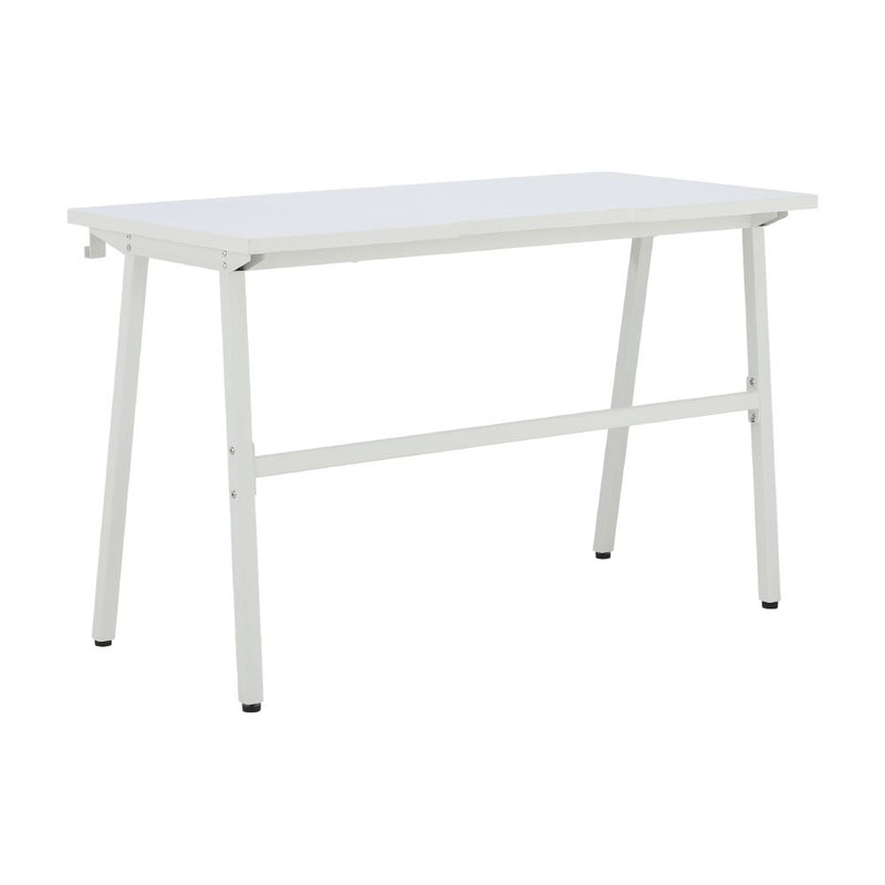 White office desk with rectangular tabletop and lower support bar