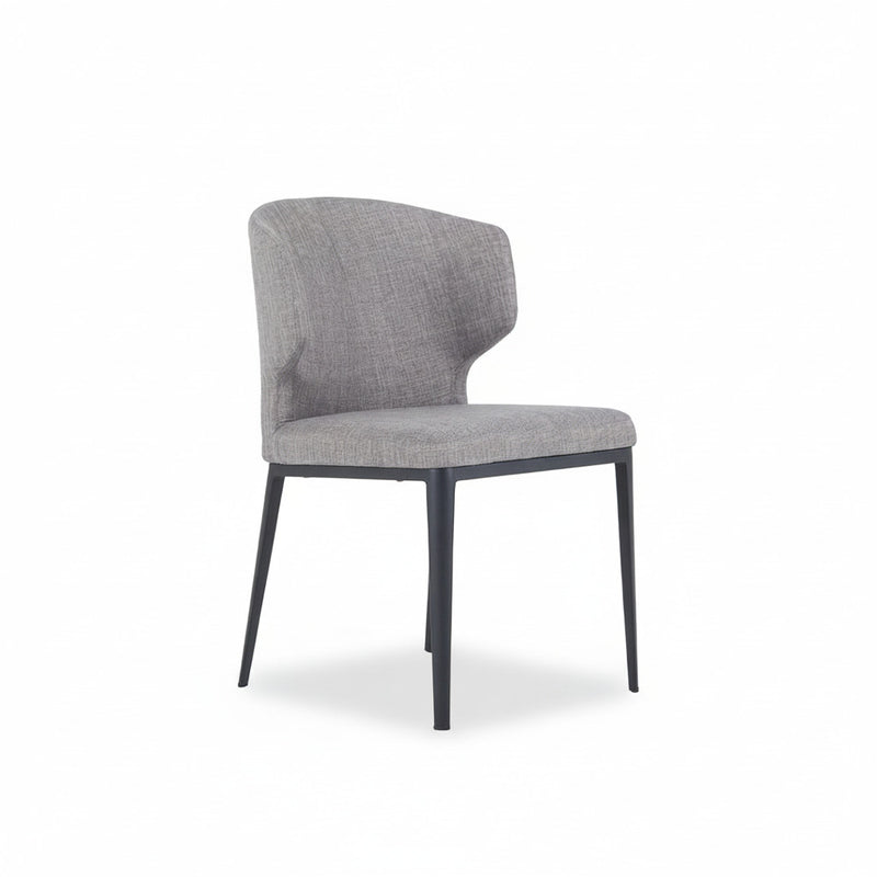 Upholstered dining chair with wide backrest and seat cushion, light grey fabric, black legs