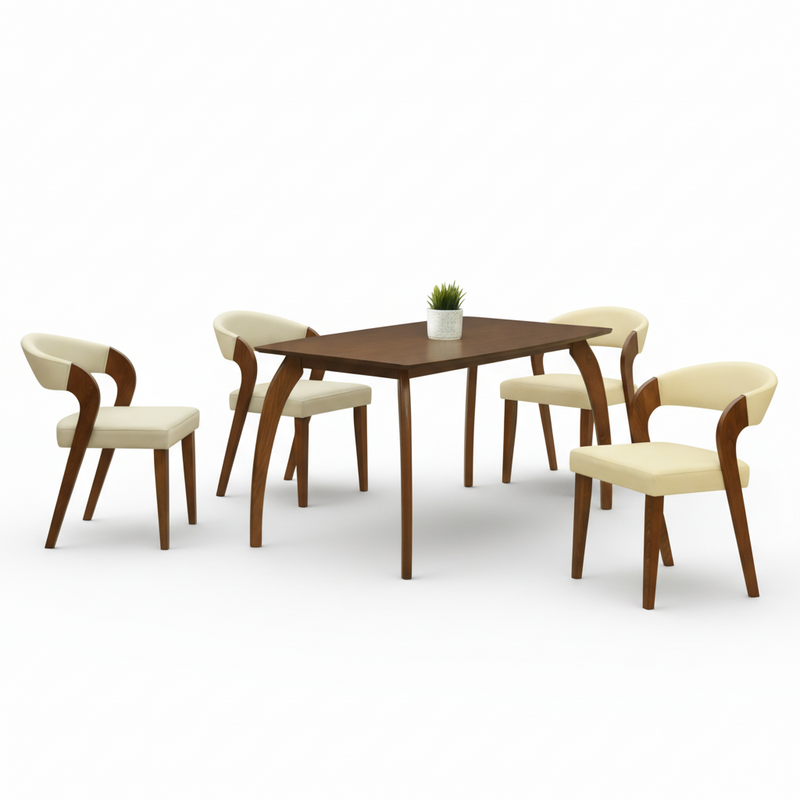 Dining table and four beige chairs with walnut legs and armrests, tabletop centered