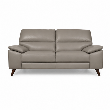 2-seater sofa in gray faux leather with tufted back cushions and dark wood legs