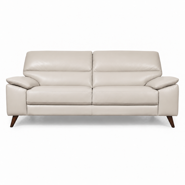 Light beige 3-seater sofa with padded arms, tufted back, wooden legs