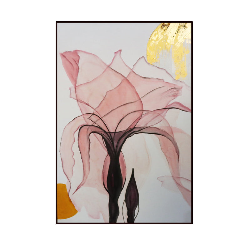 AZALEA abstract flower artwork with pink petals, dark stems, and yellow accent