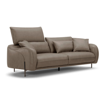 3-seater sofa in taupe fabric, tall back cushion, thick seat arms, wooden legs.