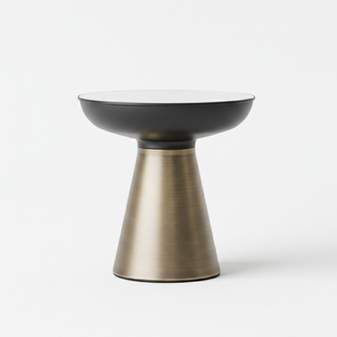 Minimal round black tabletop on brushed gold pedestal side table