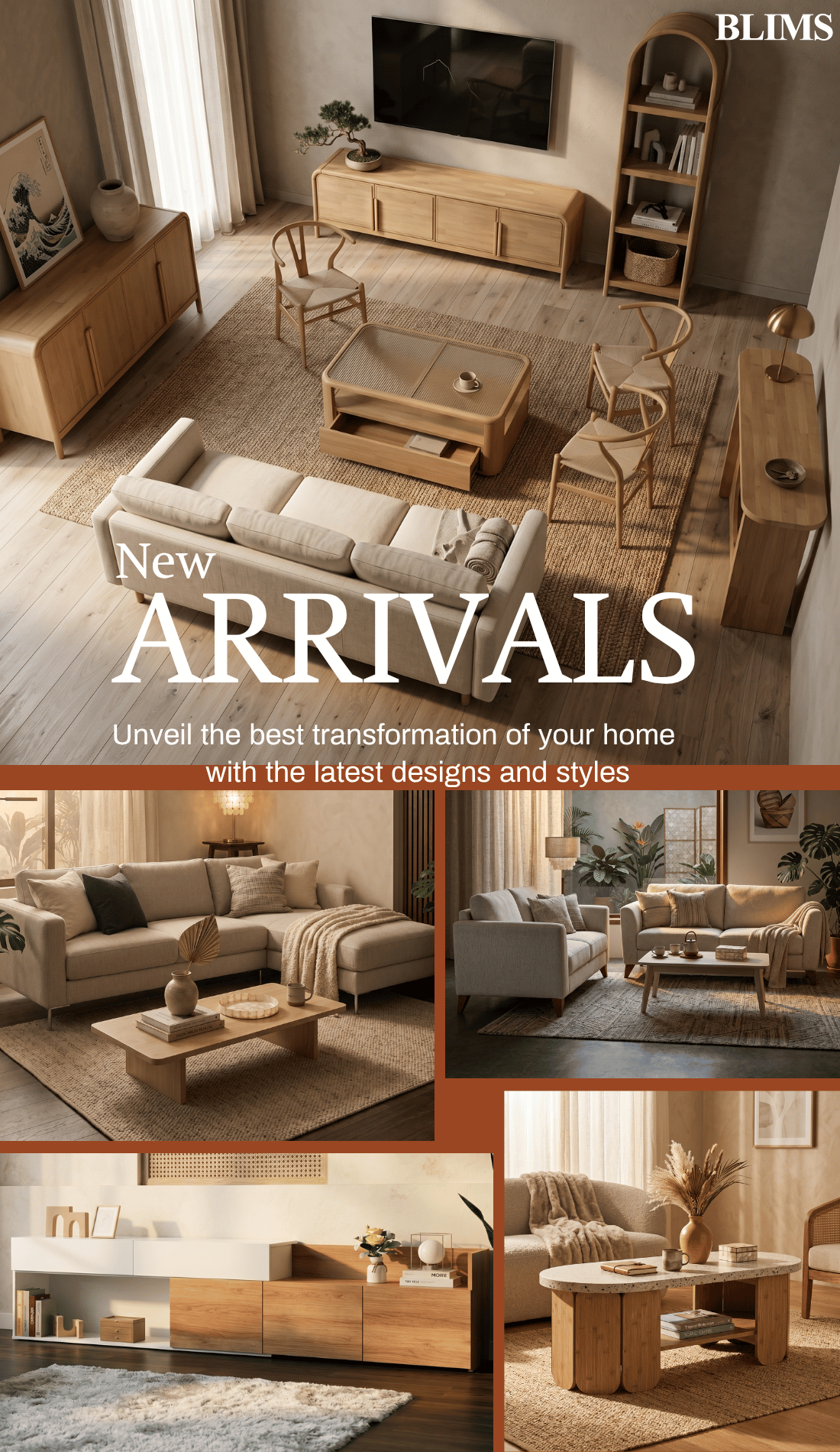 Collage of living room furniture with 'New Arrivals' text overlay.