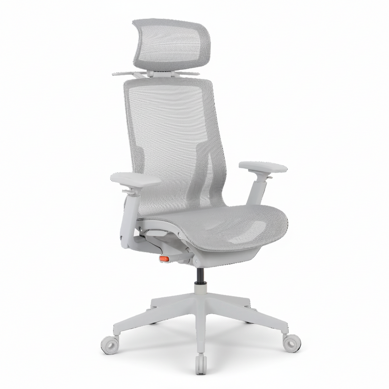 Grey mesh executive chair with headrest, armrests, and wheeled base