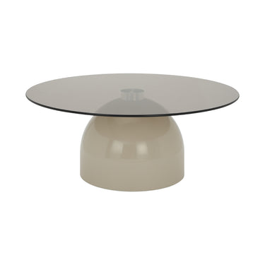 Center table with wide round glass top and glossy pedestal base, light gray-beige