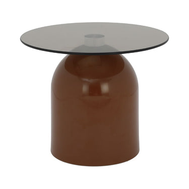 Glass round side table with brown column base and clear center detail