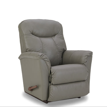 Gray leather rocker recliner with side arm controls and cushioned backrest
