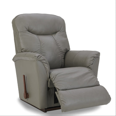 Gray leather rocker recliner with extended ottoman and padded armrests