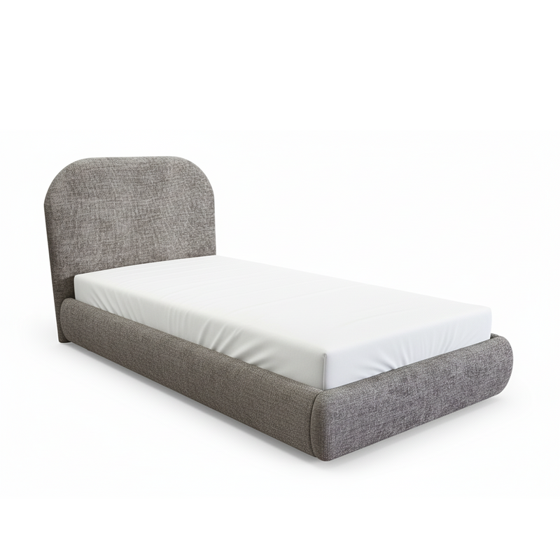 Upholstered single bed frame with rounded headboard, gray fabric, side view