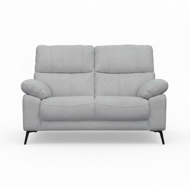 2-seater sofa in steel grey, front view with rounded arms, two back cushions, legs.