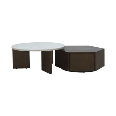 Two-piece nesting table set with white round top and dark square table with cabinet door