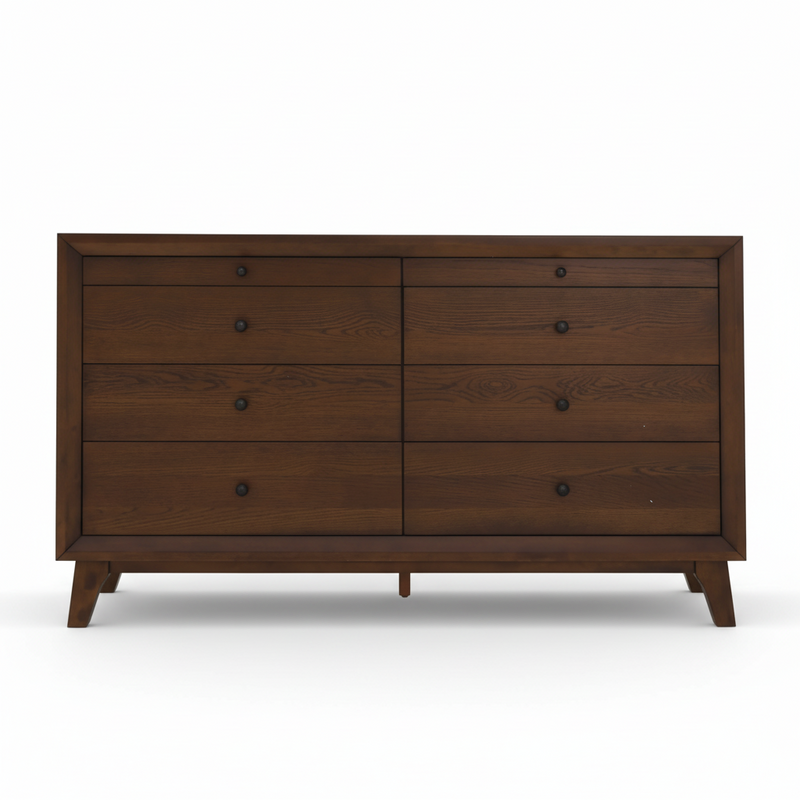 LYRA dresser with four drawer rows, dark wood grain and black round knobs
