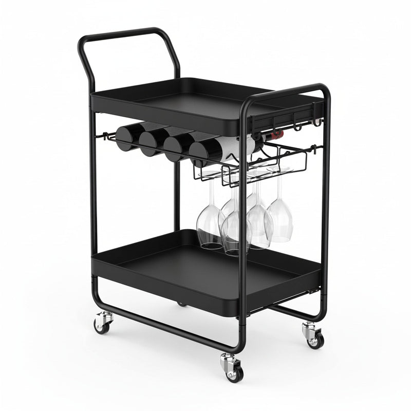 Two-tier black metal storage cart with top rack, glass holders, and caster wheels