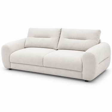 Cream white 3-seater sofa, side view with back cushions and thick seat padding
