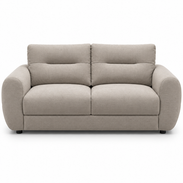 Light beige 2-seater sofa with two seat cushions and padded armrests.