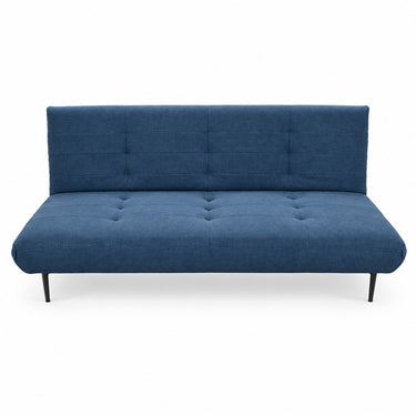 Blue fabric sofabed with tufted backrest panel, split seat, and black metal legs
