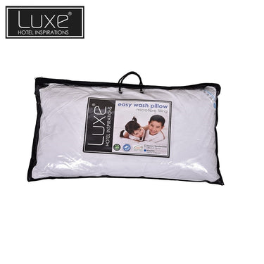 King-size easy wash pillow with microfiber filling, packaged in clear zip bag with handle