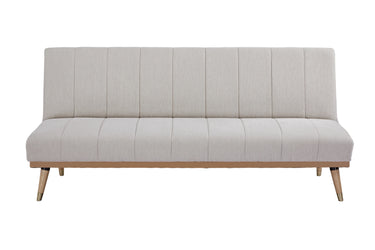 Beige sofa bed with wooden legs on a white background