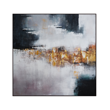 Abstract framed wall art with blue, white, and rust-gold brush strokes