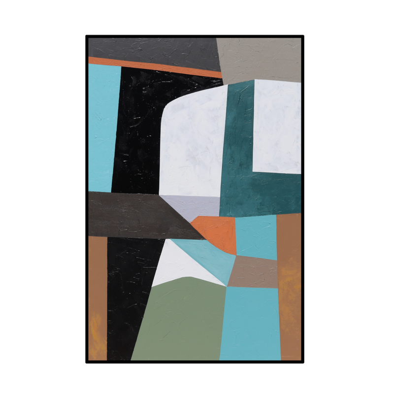 Geometric abstract wall art print with layered color blocks in teal, black, and white