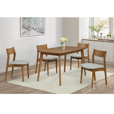 Wooden dining table with four chairs, gray upholstered seat cushions in a set for 4
