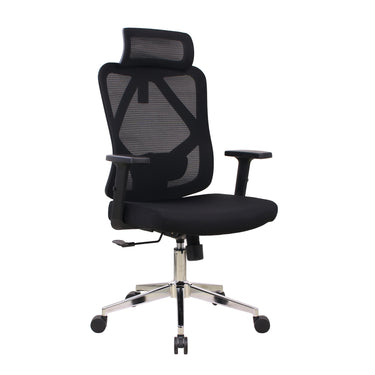 Executive office chair with black mesh back, padded seat, armrests, chrome caster base