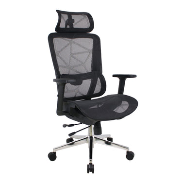 Black executive office chair with mesh back, headrest, armrests, and chrome caster base