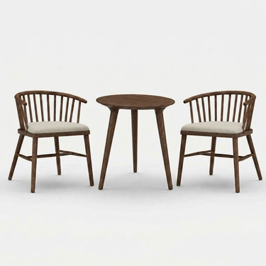 Brown oak dining set: round pedestal table with two spindle-back chairs and white seat cushions
