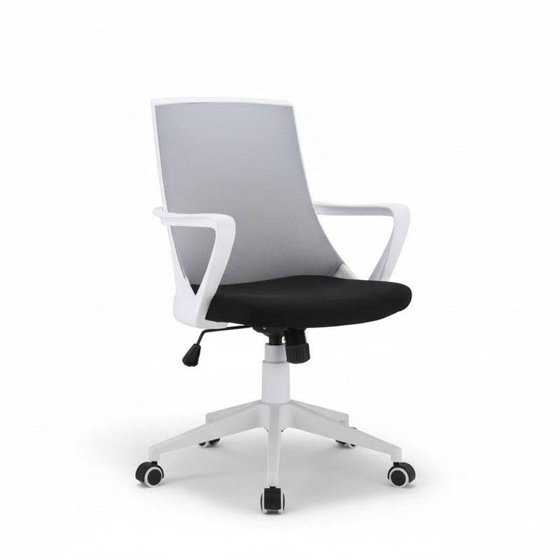 Office chair full view with light gray mesh back, black seat, white frame, and casters