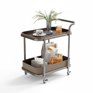 Two-tier storage cart with dark brown trays, beige frame, curved handle, and rolling wheels