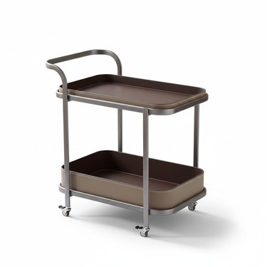 Two-tier storage cart with dark brown trays, beige base panels, and four rolling wheels