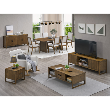 Dining set for 6 with wood table, six light-gray upholstered chairs and matching sideboard