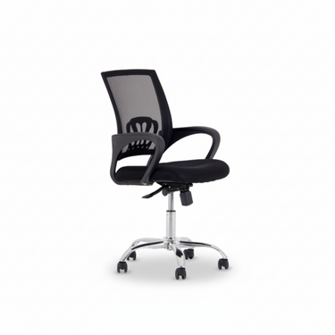 Black office chair angled view with mesh backrest, padded seat, and chrome swivel base