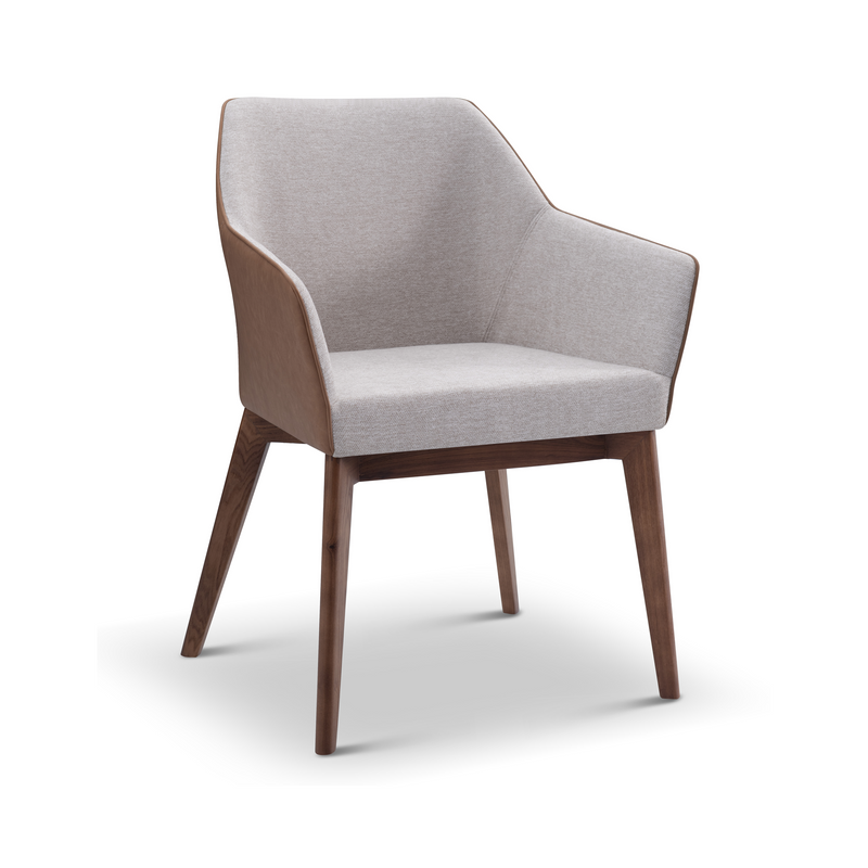 Grey upholstered armchair with curved back and dark wood tapered legs