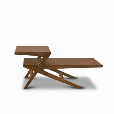 Brown wood center table with angled legs and raised, split tabletop
