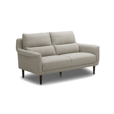 Light beige 2-seater sofa in side view with rounded arms, tuftless cushions, legs.