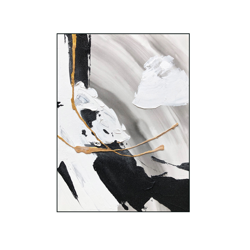 Abstract canvas wall art with white and black brushstrokes, gold accents and lines