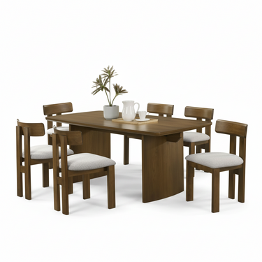 Solana dining set: rectangular wood table with six upholstered dining chairs