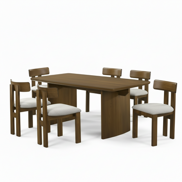 Solana dining set: corner view of rectangular wood table with six upholstered chairs