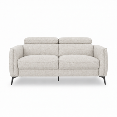 Ivory 2-seater sofa with curved arms, tufted seat cushions, and black tapered legs