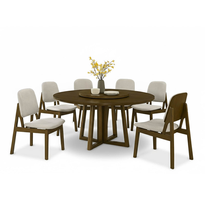 Wood dining set with round dark table and 6 chairs, light gray upholstered seats