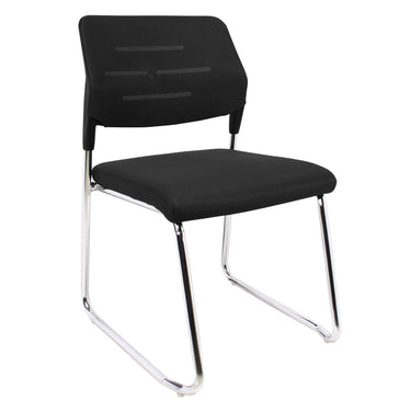 Black visitor chair with padded seat and curved back, chrome sled legs