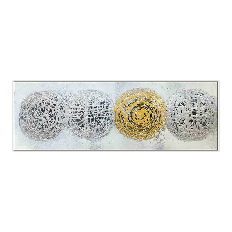 ZION framed wall art with circular yarn rosettes, gray and white with one yellow accent