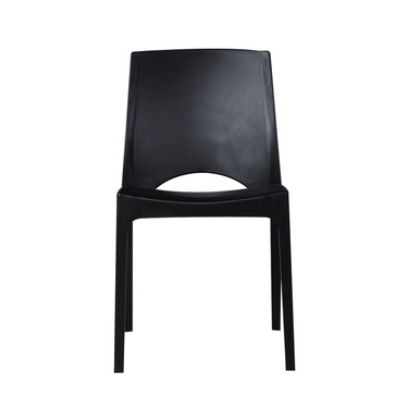 Black molded plastic chair with arched back and cutout seat, straight legs