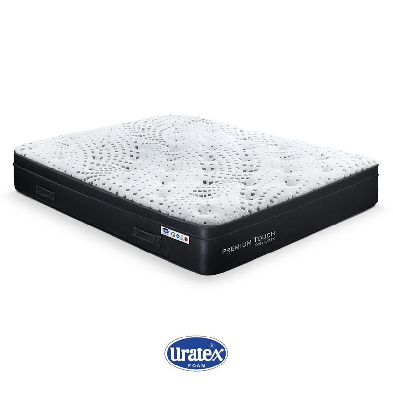 Latex mattress with white quilted top and black border, Uratex Premium Touch logo