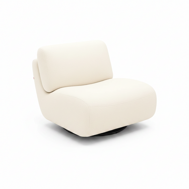 Beige upholstered accent chair with rounded back, curved seat, and black swivel base