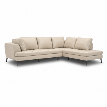 Right sectional sofa with light beige cushions, boxed frame, and angled chaise section